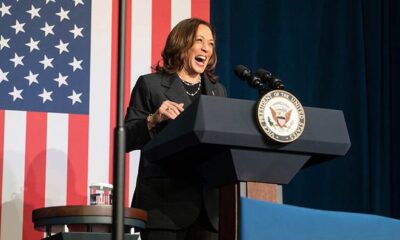 Vice President Kamala Harris speaks before a moderated discussion regarding reproductive health with former Trump administration official Olivia Troye and reproductive rights advocate Amanda Stratton at Air Zoo in Kalamazoo on Wednesday, July 17, 2024.