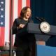 Vice President Kamala Harris speaks before a moderated discussion regarding reproductive health with former Trump administration official Olivia Troye and reproductive rights advocate Amanda Stratton at Air Zoo in Kalamazoo on Wednesday, July 17, 2024.