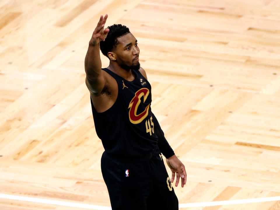 Boston, MA - May 9: Cleveland Cavaliers guard Donovan Mitchell reacts after making a 3-point basket to end the third quarter. (Photo by Danielle Parhizkaran/The Boston Globe via Getty Images)