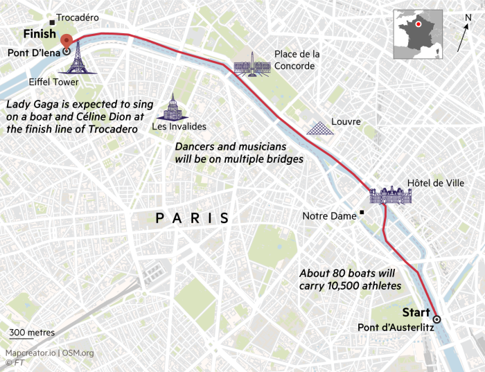 Map showing the route of the boat parade along the Seine river for the opening ceremony of the Paris Olympics