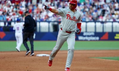 Baseball - Major League Baseball - New York Mets v Philadelphia Phillies - London Stadium, London, Britain - June 8, 2023 Philadelphia Phillies' Whit Merrifield celebrates hitting a home run Action Images via REUTERS/Matthew Childs