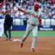 Baseball - Major League Baseball - New York Mets v Philadelphia Phillies - London Stadium, London, Britain - June 8, 2023 Philadelphia Phillies' Whit Merrifield celebrates hitting a home run Action Images via REUTERS/Matthew Childs