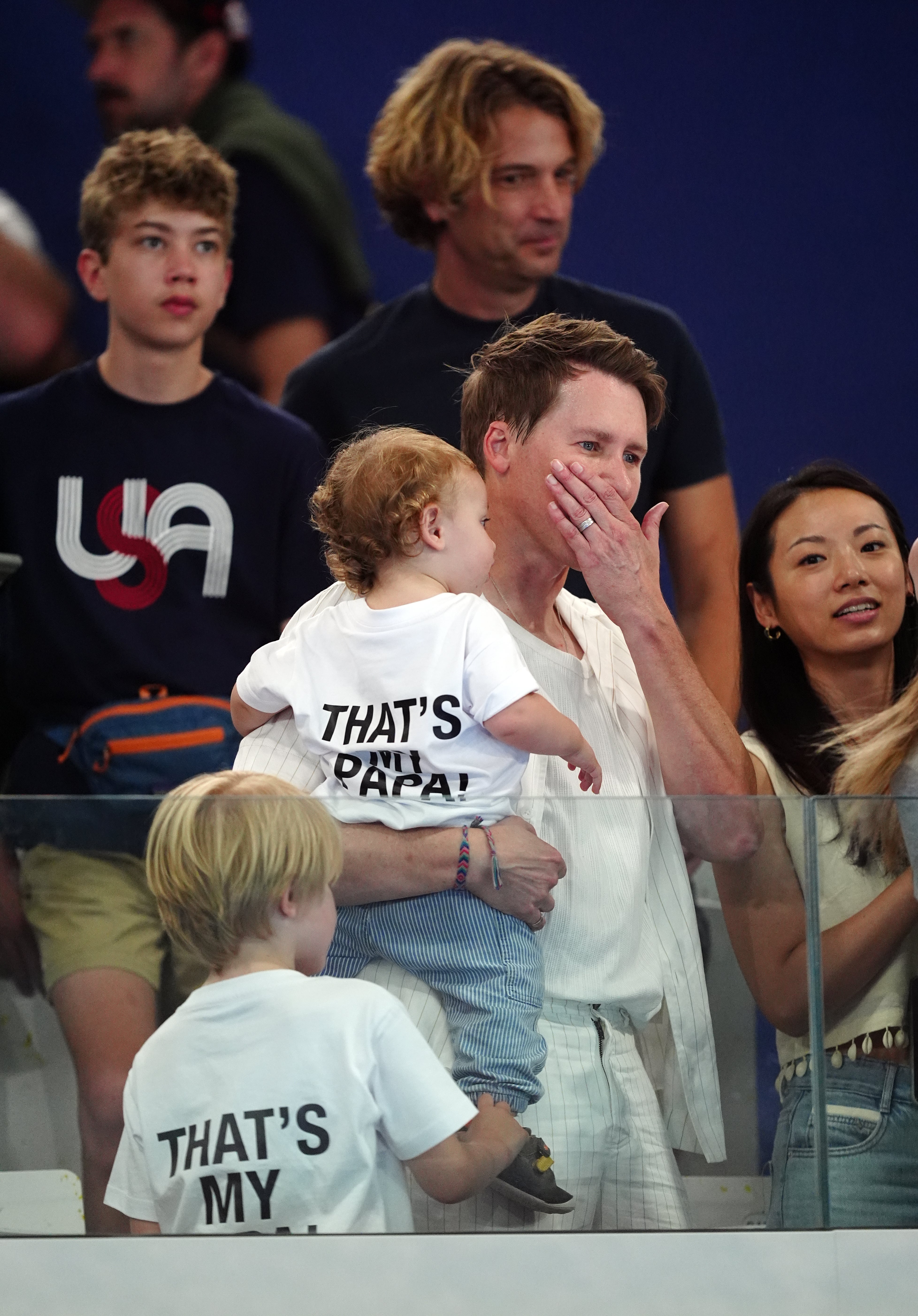 Dustin Lance Black, husband of Great Britain's Tom Daley, during the Men's Synchronised 10m Platform Final