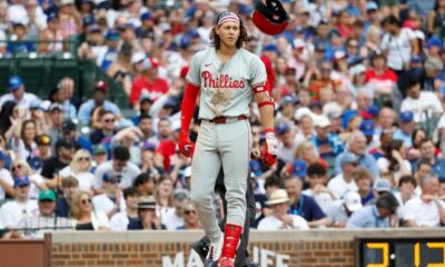 Philadelphia Phillies third baseman Alec Bohm reacts after striking out against the Chicago Cubs during the eighth inning on Thursday, July 4, 2024, at Wrigley Field in Chicago.