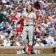 Philadelphia Phillies third baseman Alec Bohm reacts after striking out against the Chicago Cubs during the eighth inning on Thursday, July 4, 2024, at Wrigley Field in Chicago.