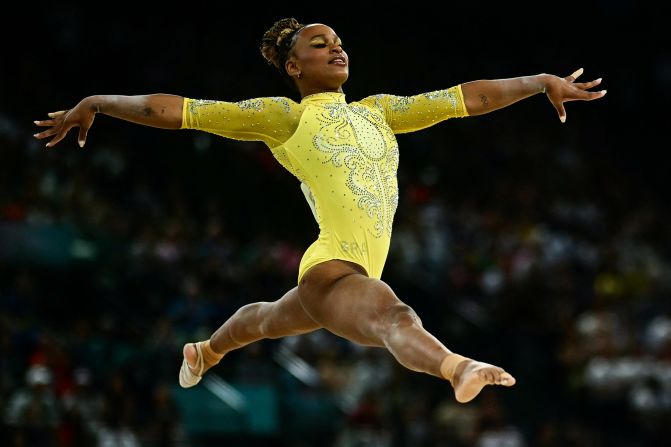 Brazilian gymnast Rebeca Andrade competes in the floor exercise during the individual all-around on August 1. Andrade won the silver for the second straight Olympics.