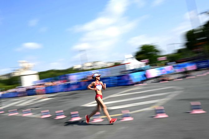 China's Yang Jiayu competes in the 20-kilometer race walk, which she won on August 1.