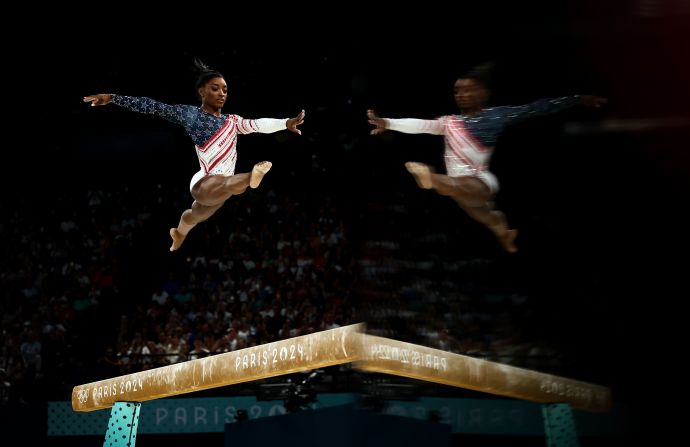 US gymnast Simone Biles performs on the balance beam during the team final on July 30. Biles and Team USA dominated the field to win the gold. It was a bit of redemption for Biles, who surpassed Shannon Miller for the most Olympic medals by an American gymnast (eight). Biles withdrew from the team competition three years ago after a shocking case of the “twisties,” a mental block where gymnasts lose track of their positioning midair.