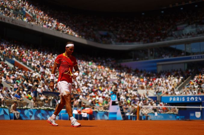 Spain's Rafael Nadal reacts while playing Serbia's Novak Djokovic in a second-round match on July 29. Djokovic defeated his longtime rival in an epic showdown, winning 6-1, 6-4.