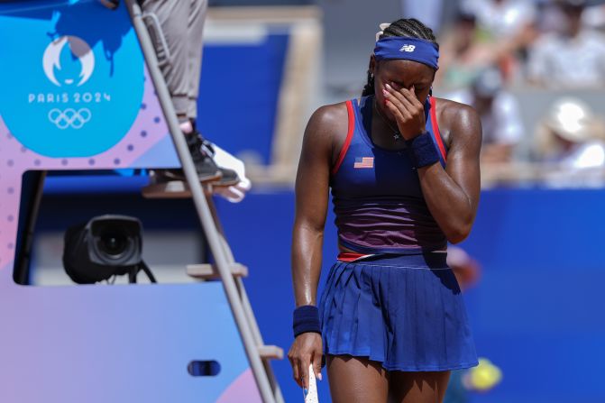 US tennis star Coco Gauff cries as she argues with chair umpire Jaume Campistol during the second set of her Olympic match against Croatia’s Donna Vekić on July 30. Gauff was facing a break point when a line call, initially called out, was overruled by Campistol. Vekić went on to win 7-6, 6-2.