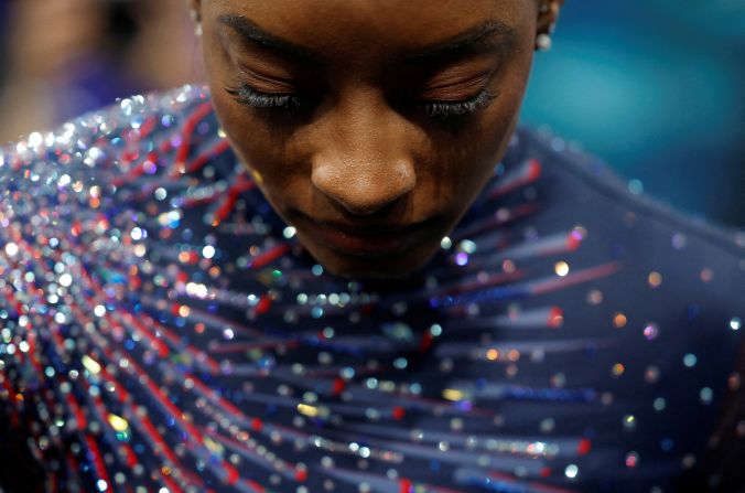 American gymnast Simone Biles trains on Thursday, July 25. Biles is looking to regain the individual all-around title she won in the 2016 Olympics.