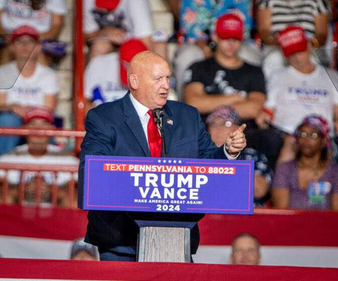 Congressman Glenn “GT” Thompson speaks during a Donald Trump rally in the New Holland Arena at the Pennsylvania Farm Show complex in Harrisburg Wednesday, July 31, 2024.