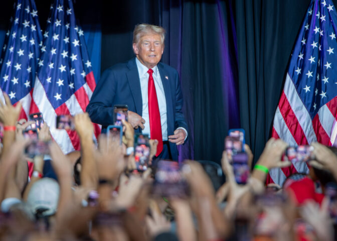 Donald Trump arrives for a rally in the New Holland Arena at the Pennsylvania Farm Show complex in Harrisburg Wednesday, July 31, 2024.