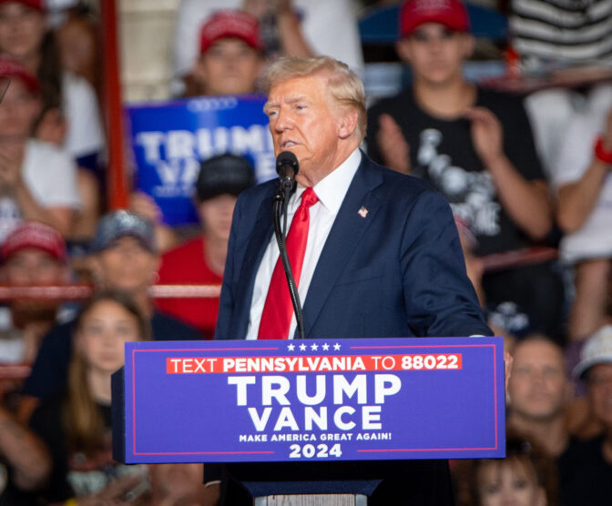 Donald Trump speaks during a rally in the New Holland Arena at the Pennsylvania Farm Show complex in Harrisburg Wednesday, July 31, 2024.