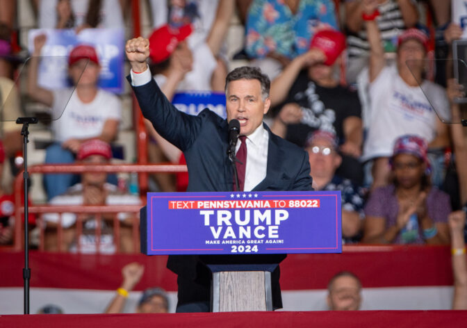 U.S. Senate candidate Dave McCormick speaks during a Donald Trump rally in the New Holland Arena at the Pennsylvania Farm Show complex in Harrisburg Wednesday, July 31, 2024.