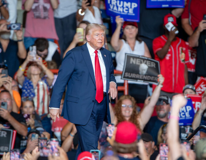 Donald Trump arrives for a rally in the New Holland Arena at the Pennsylvania Farm Show complex in Harrisburg Wednesday, July 31, 2024.