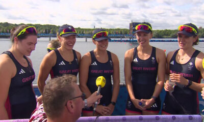 Matthew Pinsent interviews Team GB stars on his KNEES in bizarre moment at Paris Olympics