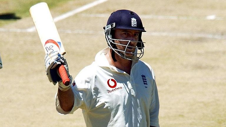 Graham Thorpe celebrates scoring a half-century for England against South Africa in 2005