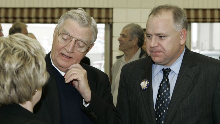 Vice president Walter Mondale (left) and Tim Walz (right) during his 2006 campaign for the House of Representatives - the first of six terms. Pic: AP