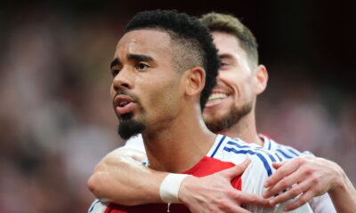 Gabriel Jesus celebrates his goal against Bayer Leverkusen