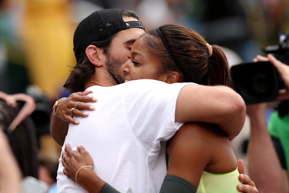 eugene, oregon june 29 gabby thomas reacts with spencer mcmanes after winning the womens 200 meter final on day nine of the 2024 us olympic team track field trials at hayward field on june 29, 2024 in eugene, oregon photo by patrick smithgetty images