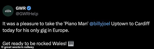 Sharing the snap on X, formerly known as Twitter, Great Western Railway captioned the post with: 'It was a pleasure to take the 'Piano Man' Billy Joel Uptown to Cardiff today'