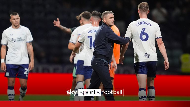 Preston North End manager Ryan Lowe (centre) consoles his players after during the Sky Bet Championship match at Deepdale, Preston. Picture date: Friday August 9, 2024.
