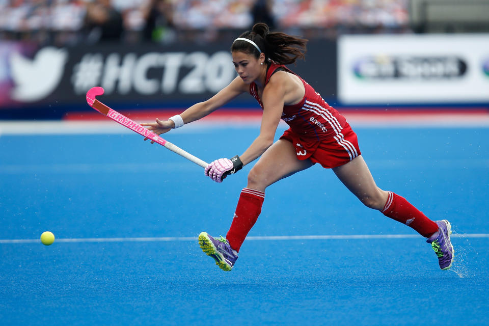 LONDON, ENGLAND - JUNE 19:  Sam Quek of Great Britain during controls a pass the FIH Women's Hockey Champions Trophy 2016 match between the Netherlands and Great Britain at Queen Elizabeth Olympic Park on June 19, 2016 in London, England.  (Photo by Joel Ford/Getty Images)