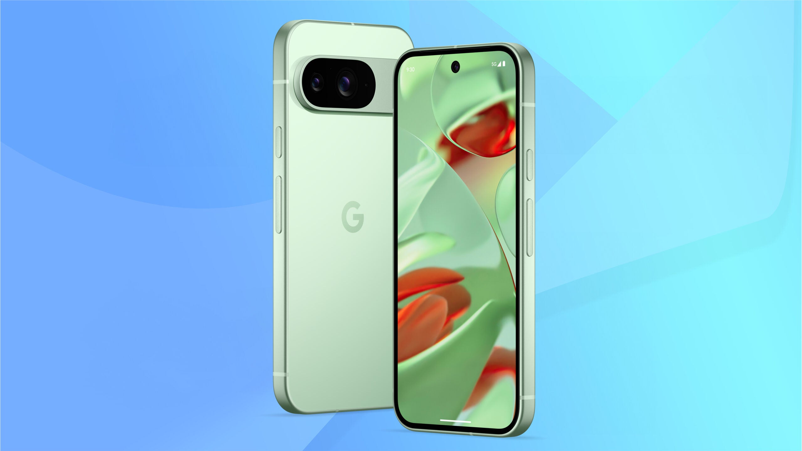 Google Pixel 9, front and rear view, in the Wintergreen colourway, against a blue backdrop