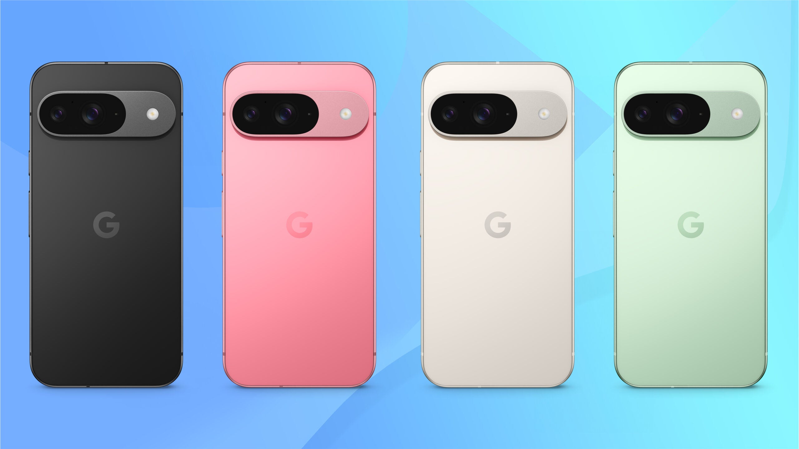 Four Google Pixel 9 handsets lined up, showing all available colours, against a blue backdrop