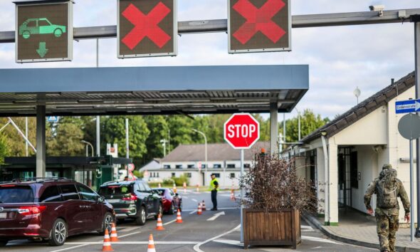 Soldiers check the entrance to the NATO air base, in Geilenkirchen, Germany, Friday, Aug. 23, 2024. (Christoph Reichwein/dpa via AP)