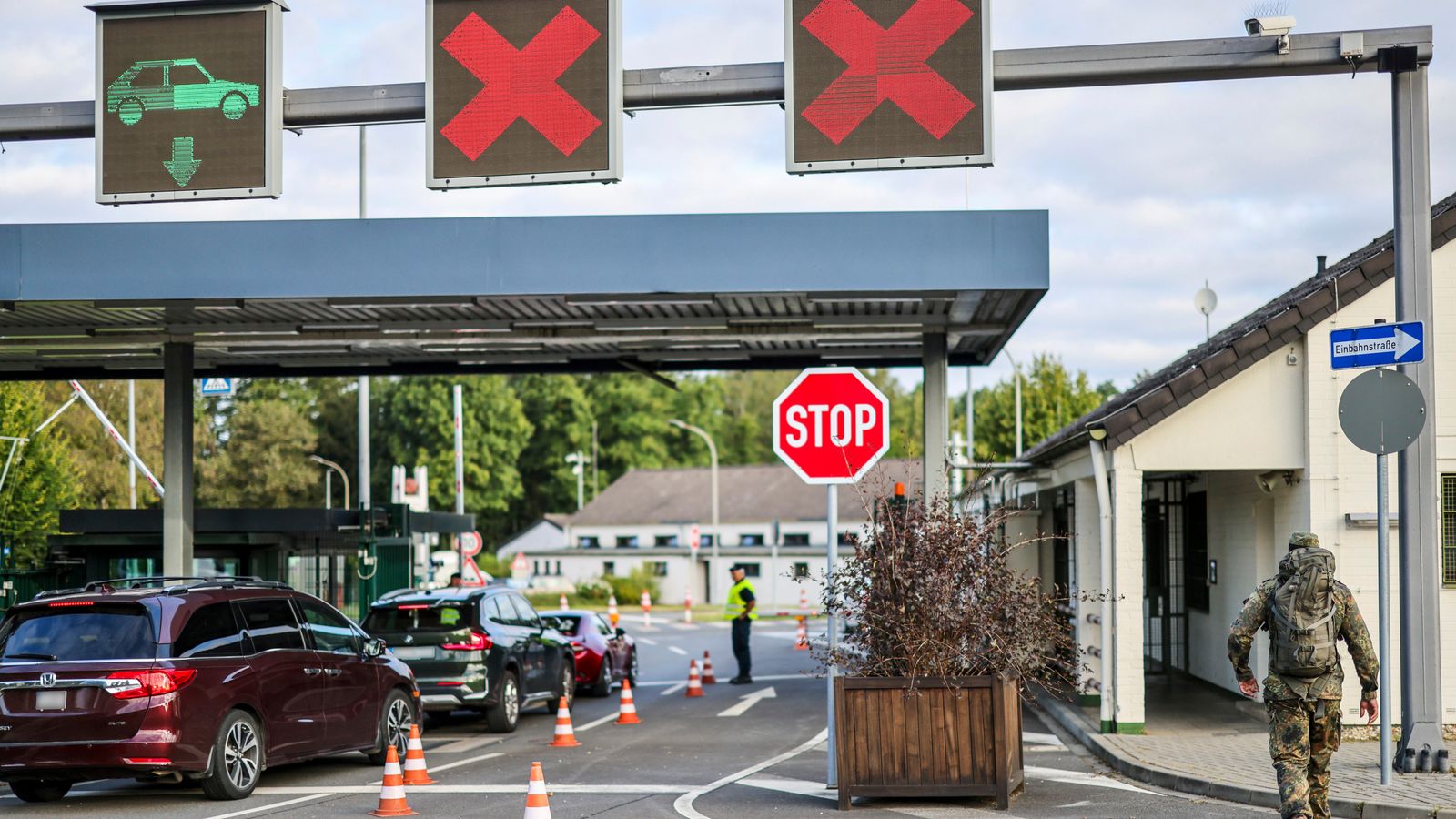 Soldiers check the entrance to the NATO air base, in Geilenkirchen, Germany, Friday, Aug. 23, 2024. (Christoph Reichwein/dpa via AP)