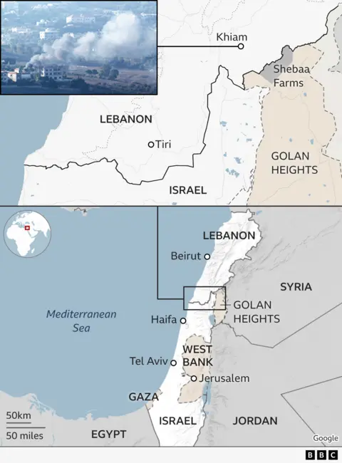 Map showing Israel, Lebanon and areas hit