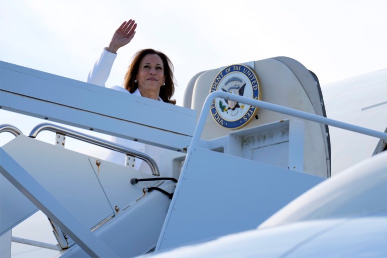 Vice President Kamala Harris boards the Air Force Two plane.