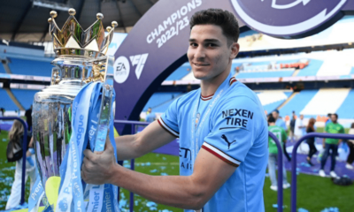 Julian Alvarez holding the EPL trophy. PHOTO/@FabrizioRomano/X