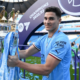 Julian Alvarez holding the EPL trophy. PHOTO/@FabrizioRomano/X