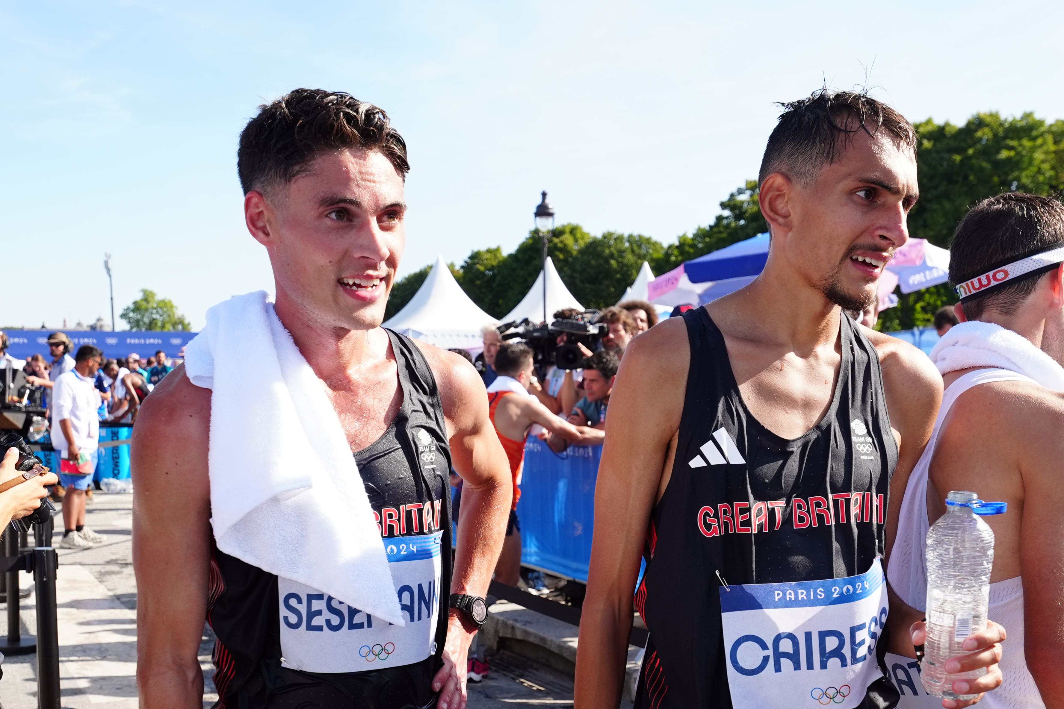 Great Britain’s Philip Sesemann (left) and Emile Cairess at the finish of the men’s marathon