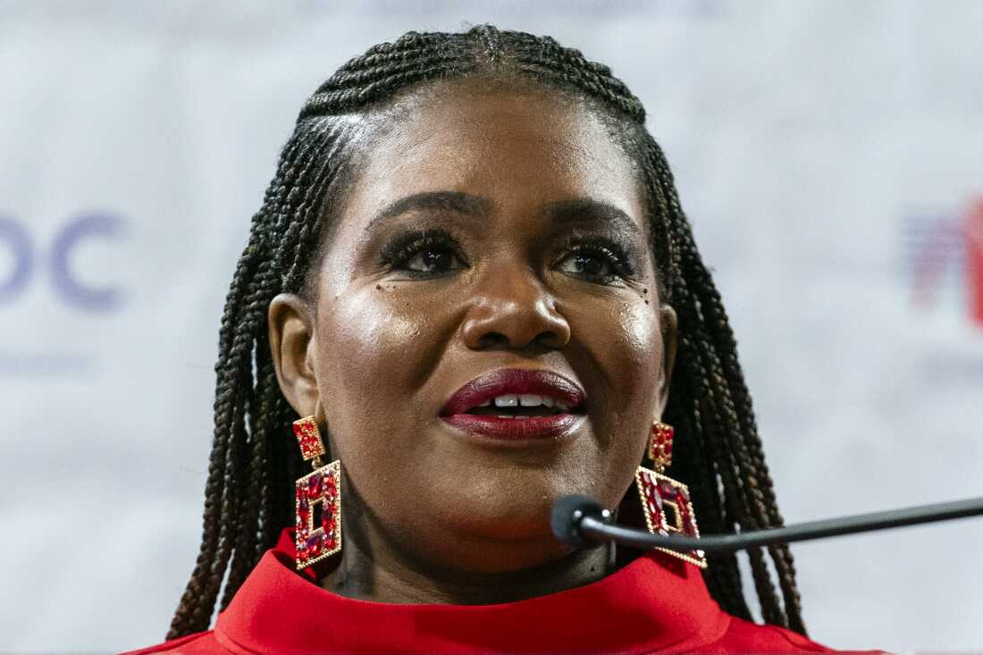 U.S. Rep. Cori Bush, D-St. Louis County, speaks during a press conference held by St. Louis Development Corporation (SLDC) and Community Development Administration (CDA) on Thursday, March 14, 2024, in at SLDC’s New Workforce Innovation Center in Vandeventer.