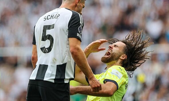 Newcastle United centre back Fabian Schar's first game of the season lasted just 28 minutes after he was sent off for a headbutt