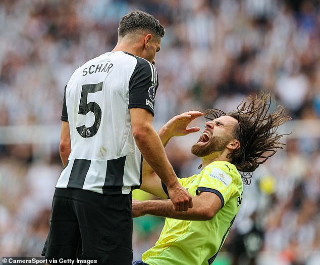 Newcastle United centre back Fabian Schar's first game of the season lasted just 28 minutes after he was sent off for a headbutt