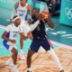 LeBron James (right) wore gold trainers during Team USA's Olympic final against France