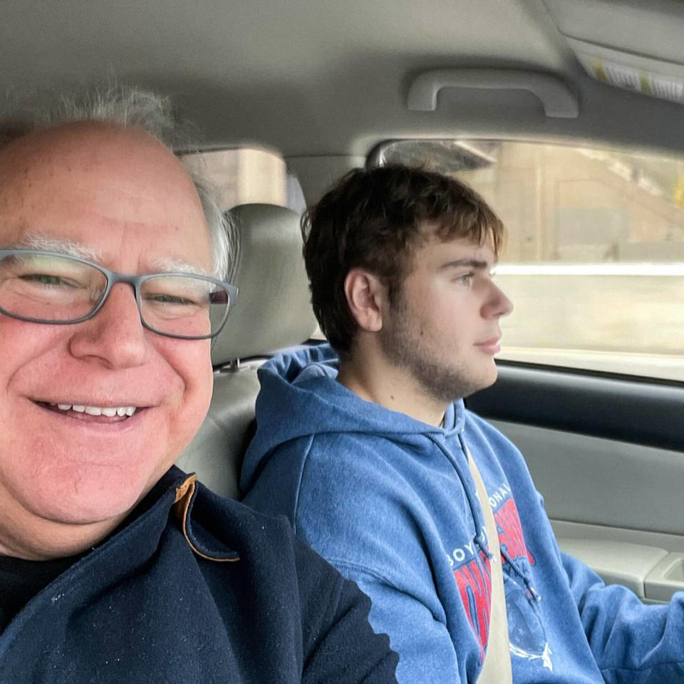 A selfie of Tim Walz and his son, Gus, inside of a car as Gus drives (Gov. Tim Walz)