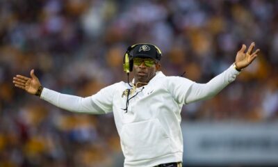 Oct 7, 2023; Tempe, Arizona, USA; Colorado Buffaloes head coach Deion Sanders reacts against the Arizona State Sun Devils in the second half at Mountain America Stadium.