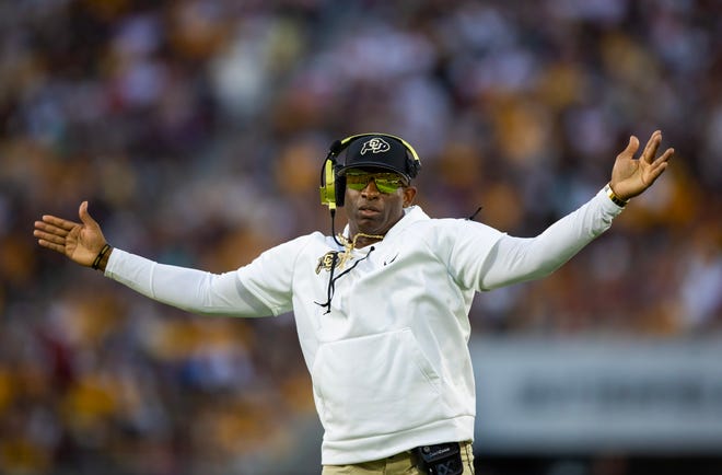 Oct 7, 2023; Tempe, Arizona, USA; Colorado Buffaloes head coach Deion Sanders reacts against the Arizona State Sun Devils in the second half at Mountain America Stadium.