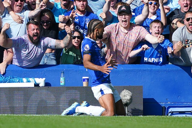 Dominic Calvert-Lewin slides on his knees in celebration