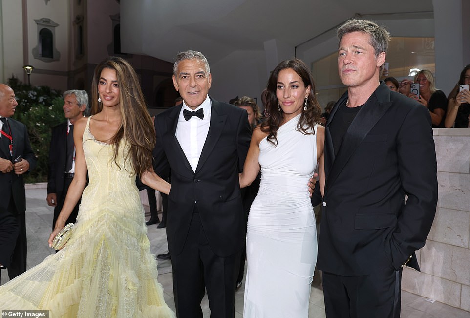 (L-R) Amal Clooney, George Clooney, Brad Pitt and Ines de Ramon