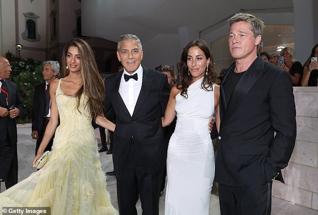 It was a double-date night as Brad's long-time buddy and co-star George Clooney, 63, was at the event with his wife Amal, 46, an international human rights lawyer, who turned heads in a glamorous yellow dress