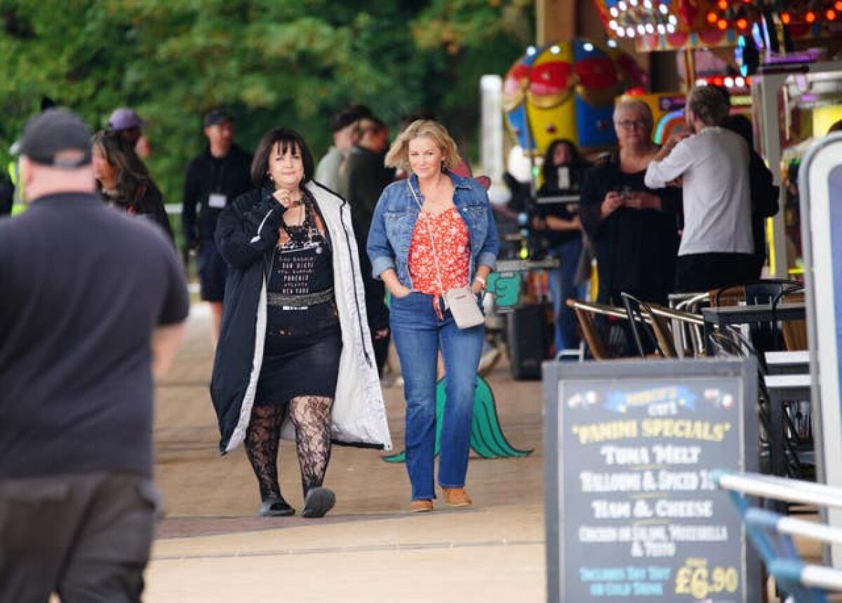 Ruth Jones, who plays Nessa Jenkins (left), and Joanna Page, who plays Stacey Shipman, during filming for the Gavin And Stacey Christmas Day special at Barry in the Vale of Glamorgan, Wales