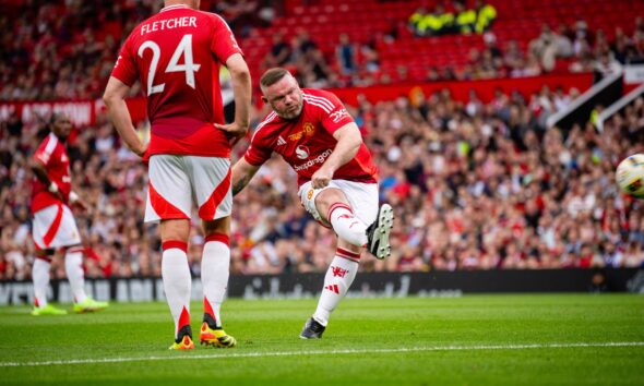 Wayne Rooney mocks himself after breaking Cristiano Ronaldo hoodoo with exquisite free-kick for Manchester United legends