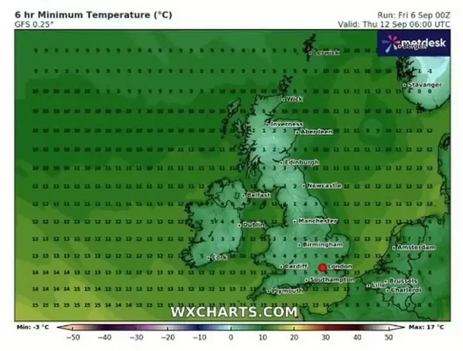 The map reveals temperatures dropping to just 1C in some areas